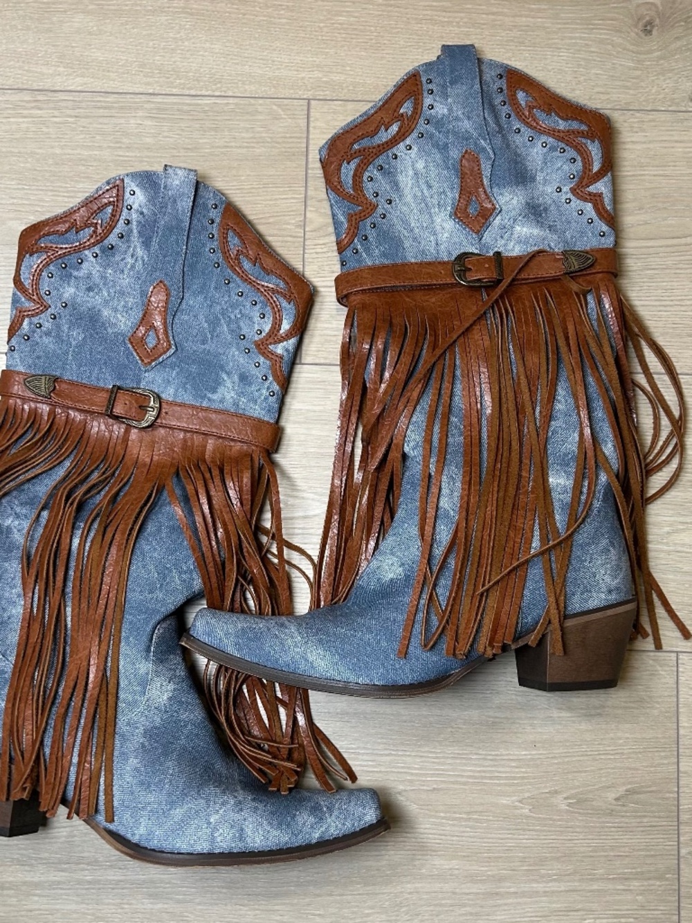 Women's Fringe Cowboy Boots Blue Denim Brown Tassel Western Mid Calf Size 10